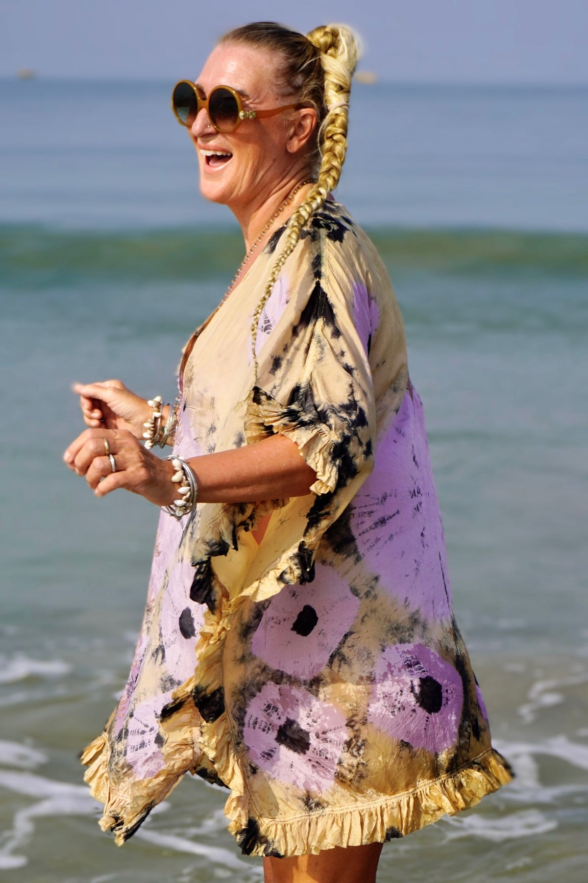 FAMI SHORT SILK BATIK KAFTAN BEIGE LILAC