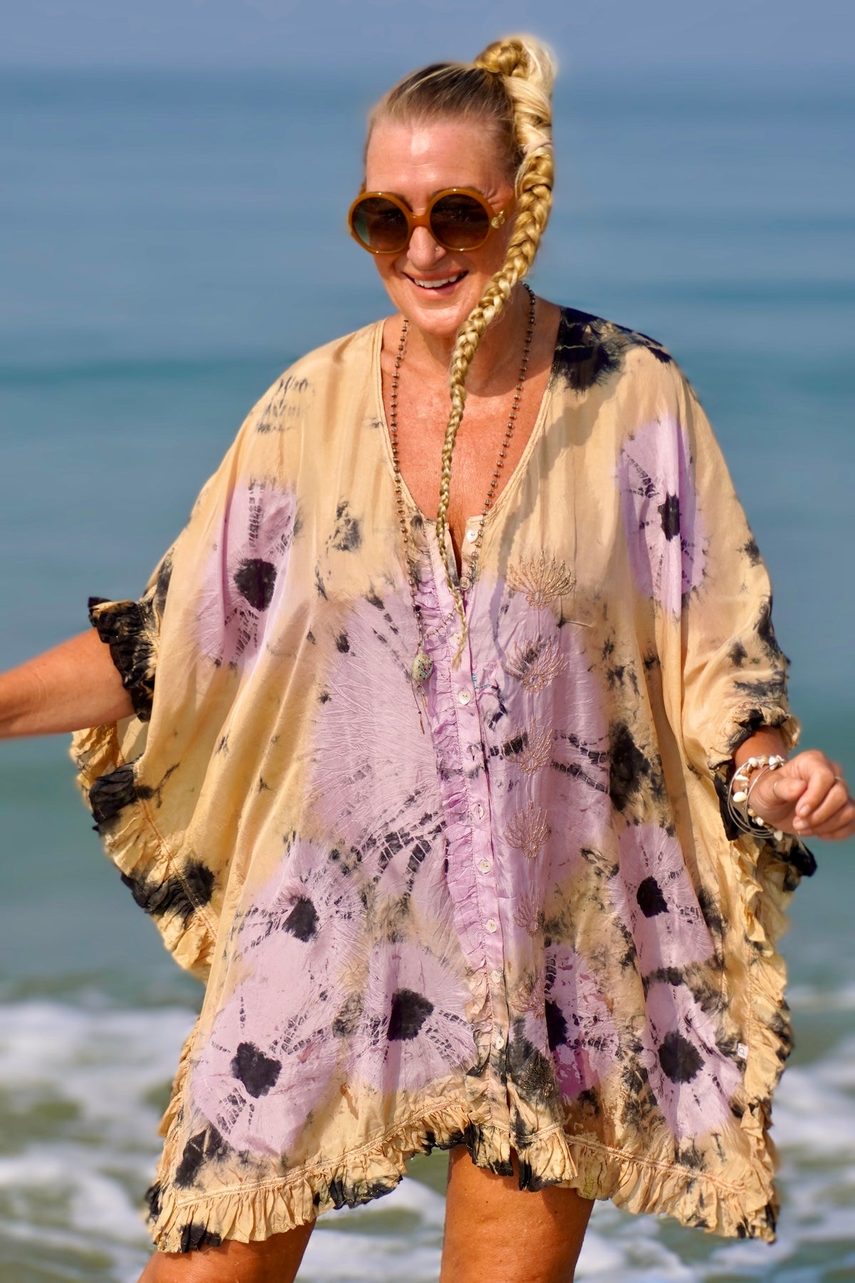 FAMI SHORT SILK BATIK KAFTAN BEIGE LILAC