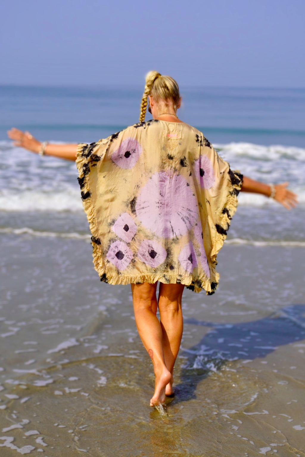 FAMI SHORT SILK BATIK KAFTAN BEIGE LILAC