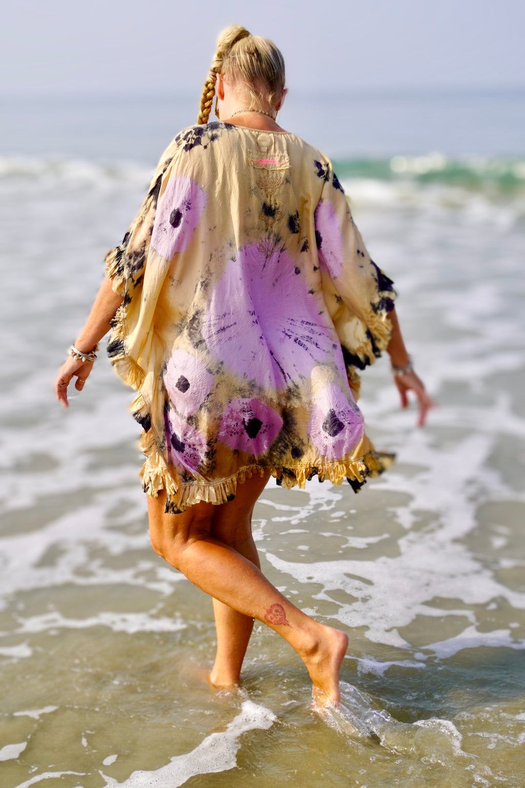 FAMI SHORT SILK BATIK KAFTAN BEIGE LILAC