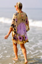 FAMI SHORT SILK BATIK KAFTAN BEIGE LILAC