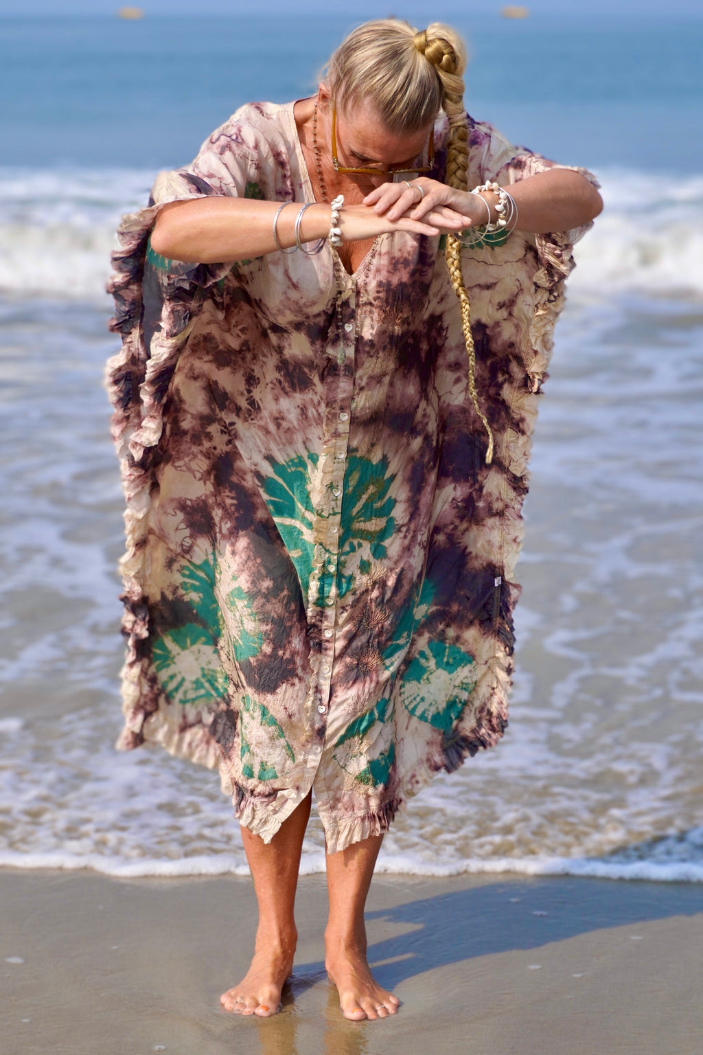 FAMI MAXI SILK BATIK KAFTAN CHARCOAL EMERALD