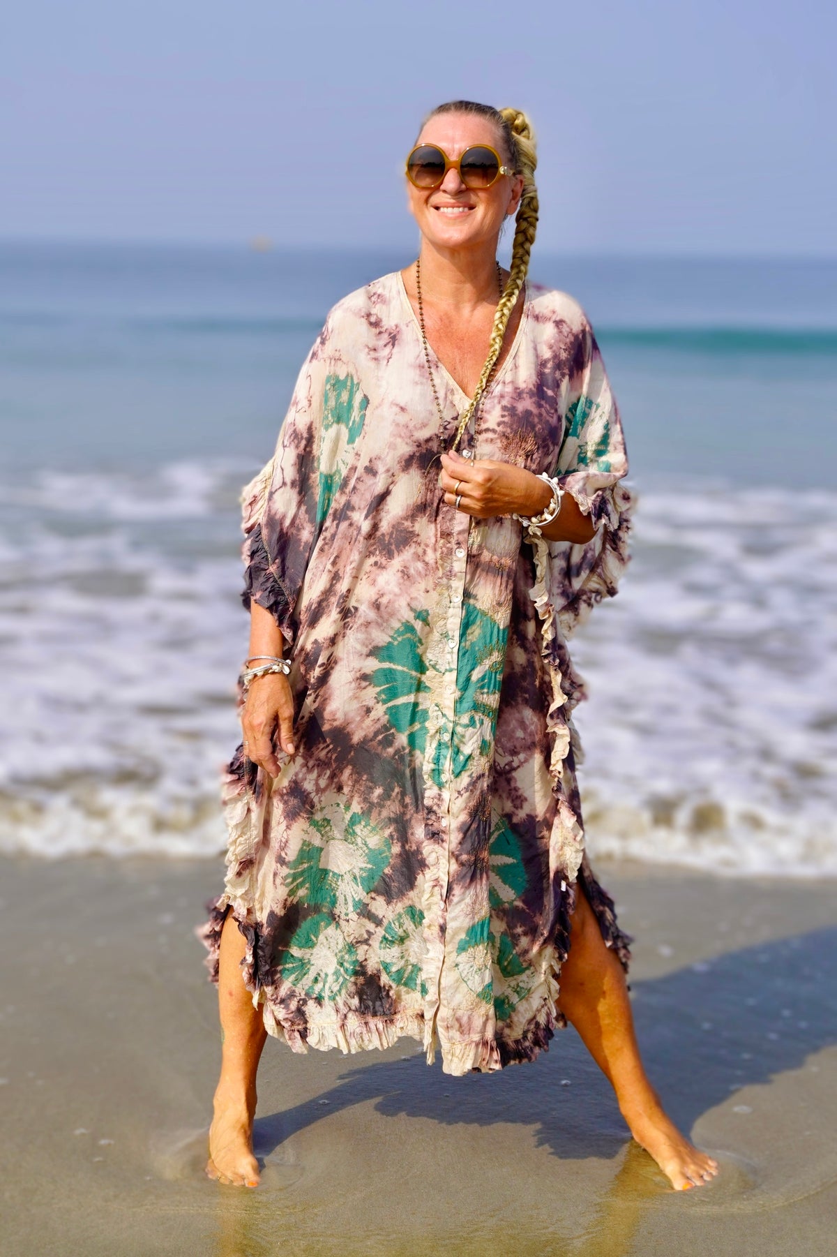 FAMI MAXI SILK BATIK KAFTAN CHARCOAL EMERALD