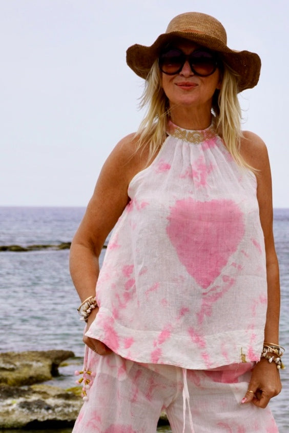 LOTUS MILFRED HEART LINEN TOP HEART PINK MALIBU